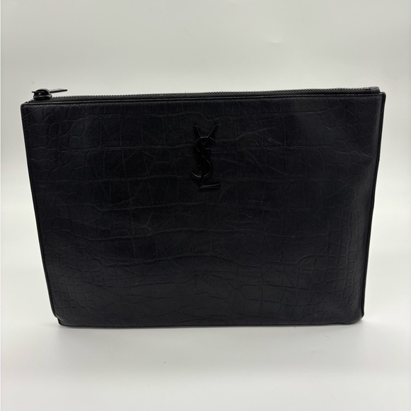 Yves Saint Laurent Cassandre Croc Embossed Clutch in Noir - Picture 1 of 10